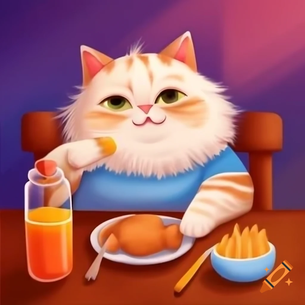 Fluffy cat eating chicken at table in colorful watercolor style