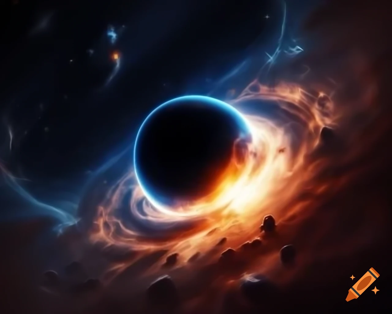 Realistic black hole in star-filled space with artistic anamorphic lens flare