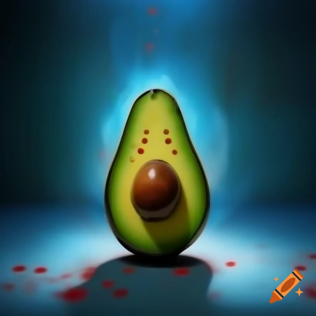 Glowing avocado with blue aura and red spots, symbolizing anti-inflammatory effects