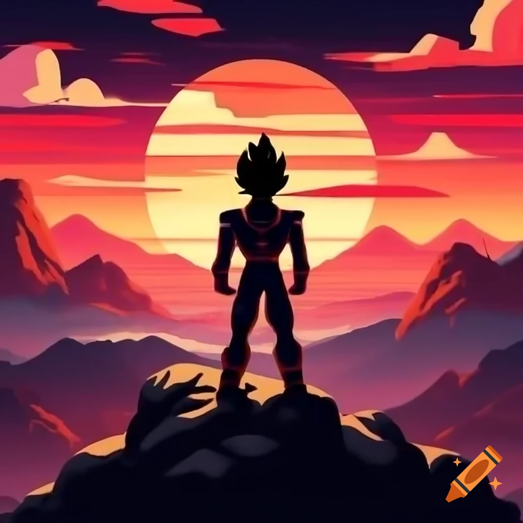 80's style rock album cover featuring Vegeta on mountain at sunset
