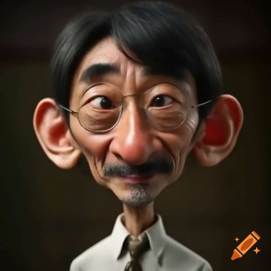 Humorous caricature with crossed eyes inspired by Japanese and Chinese art