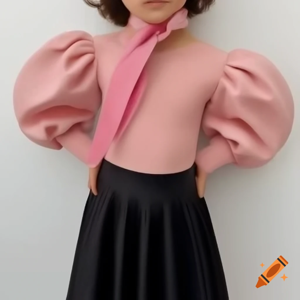 Girl in baby pink puff sleeve top and black fitted skirt with scarf