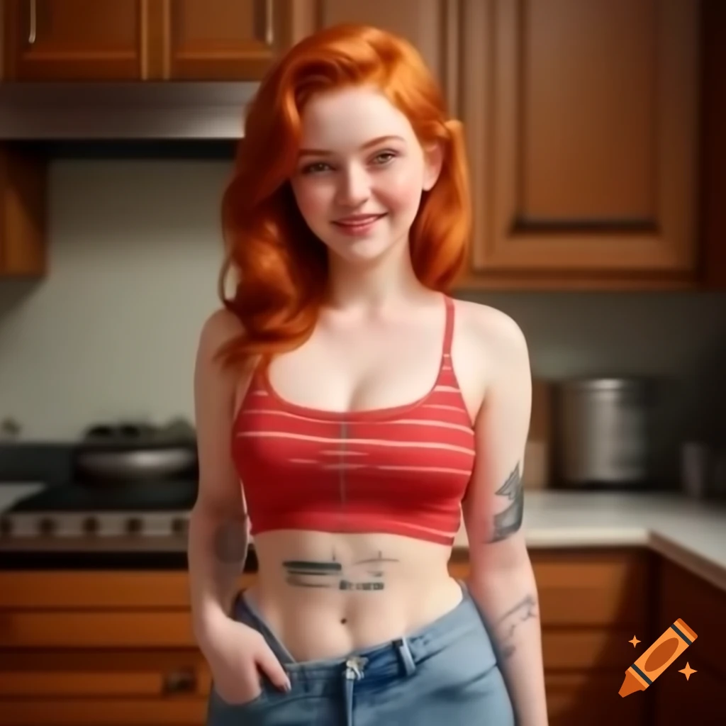 Shy smiling pale redhead girl with dragon leg tattoo in kitchen