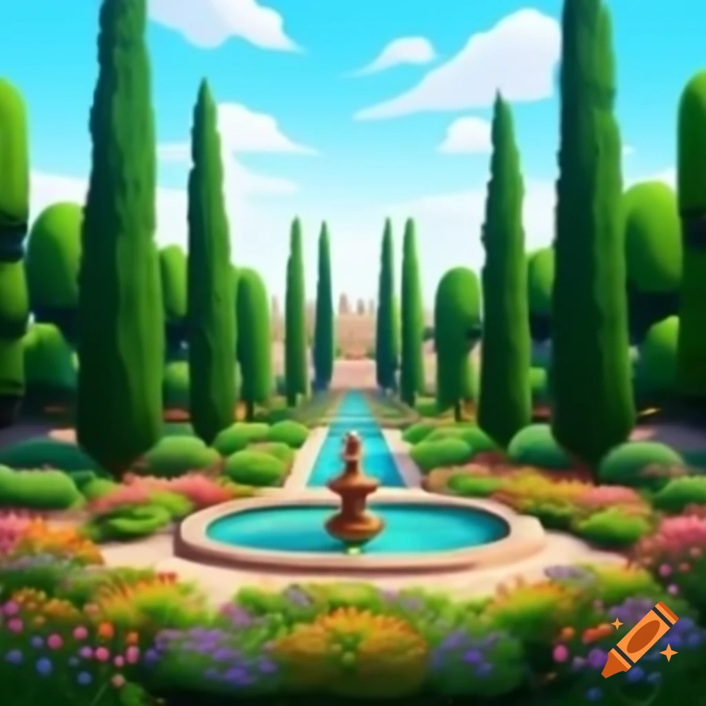 Persian garden with cypress trees and colorful flowers in an oil painting style