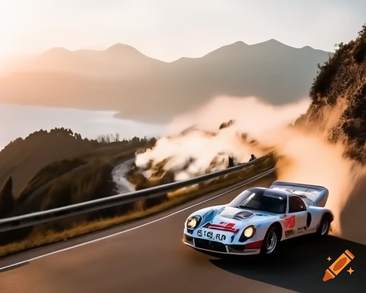 Porsche 917 drifting on winding road during red sundown, detailed painting