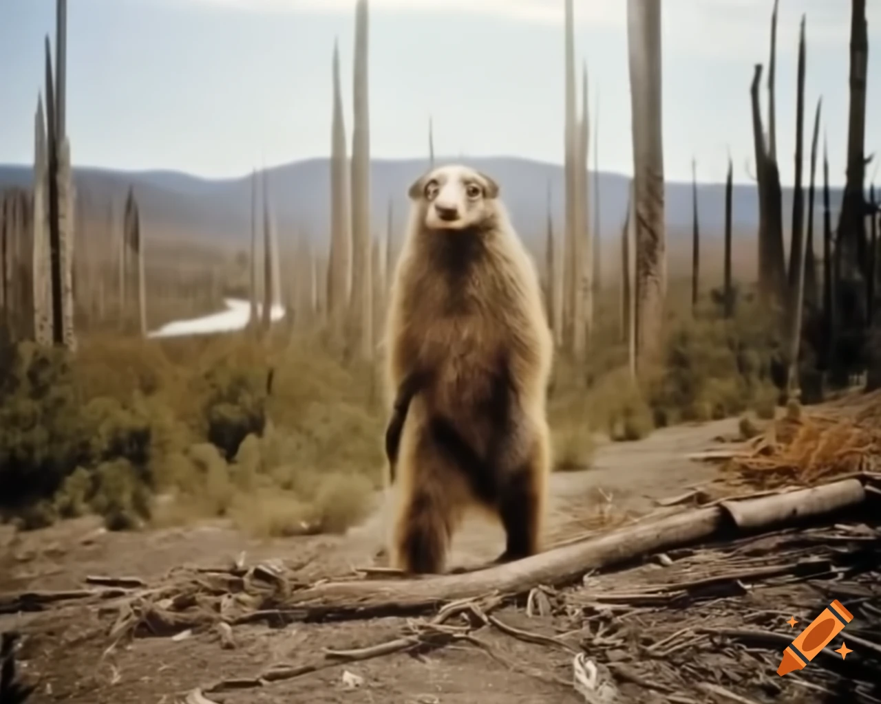 Found footage of bipedal hairy creature walking upright near river bank