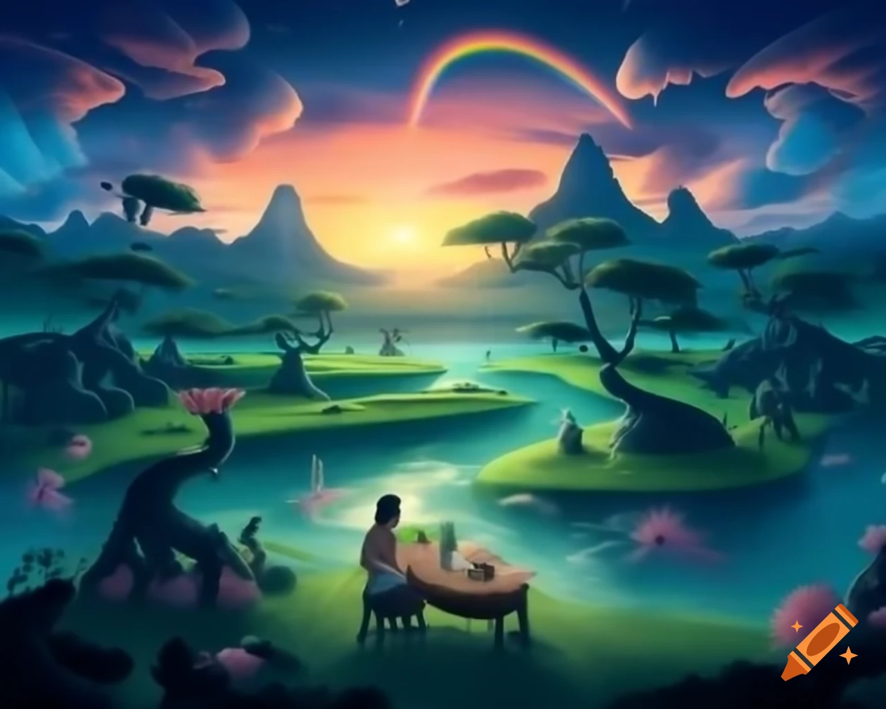 Surreal realm with porcelain fairy goddess on wooden table in enchanted forest
