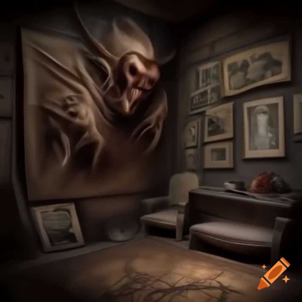 Realistic scary house room with demonic drawings on walls