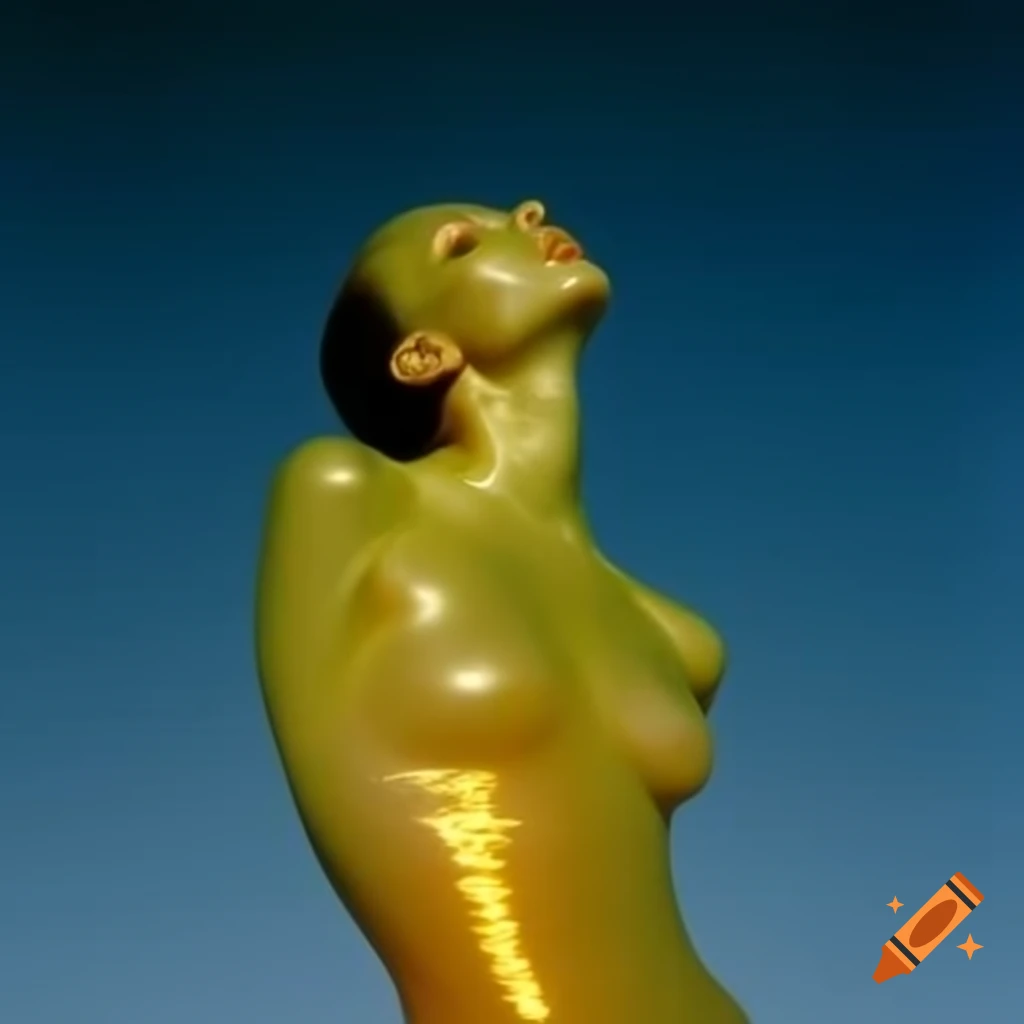 Iridescent yellow glass statue in pop surreal 2000's photography style