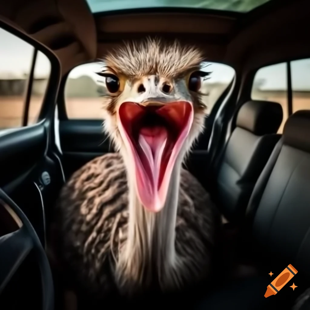 Ostrich trapped inside car appearing to scream for help