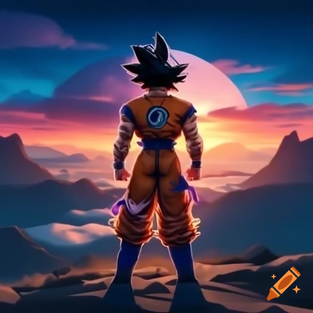 80's style rock album cover featuring super saiyan on mountain at sunset