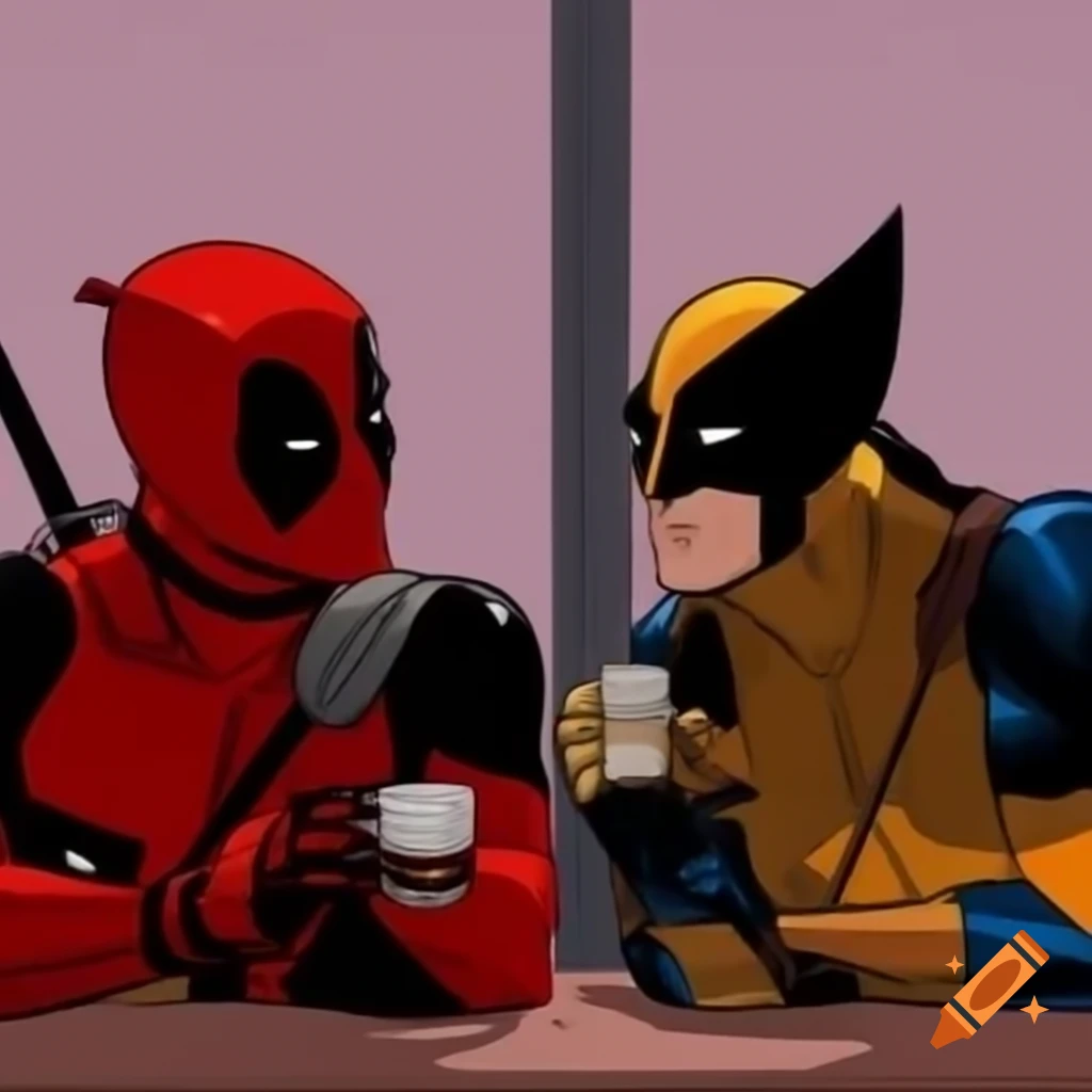 Deadpool and Wolverine enjoying coffee together