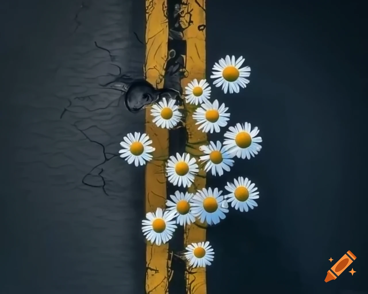 Abandoned city street with daisies growing from cracked asphalt, high detail painting