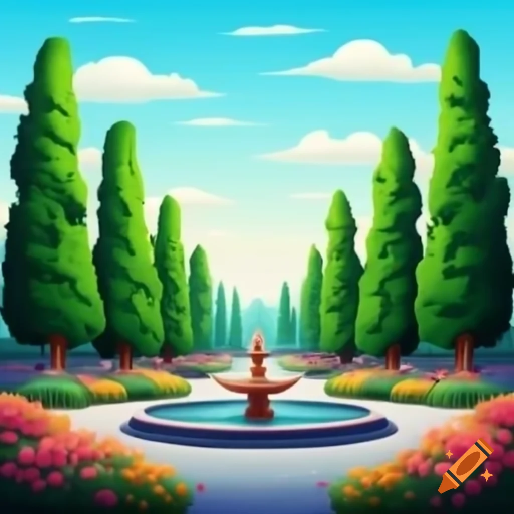 Persian garden with cypress trees and colorful flowers in an oil painting style