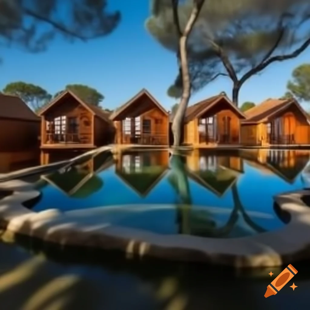 Wooden holiday cottages around natural swimming pool in Portugal