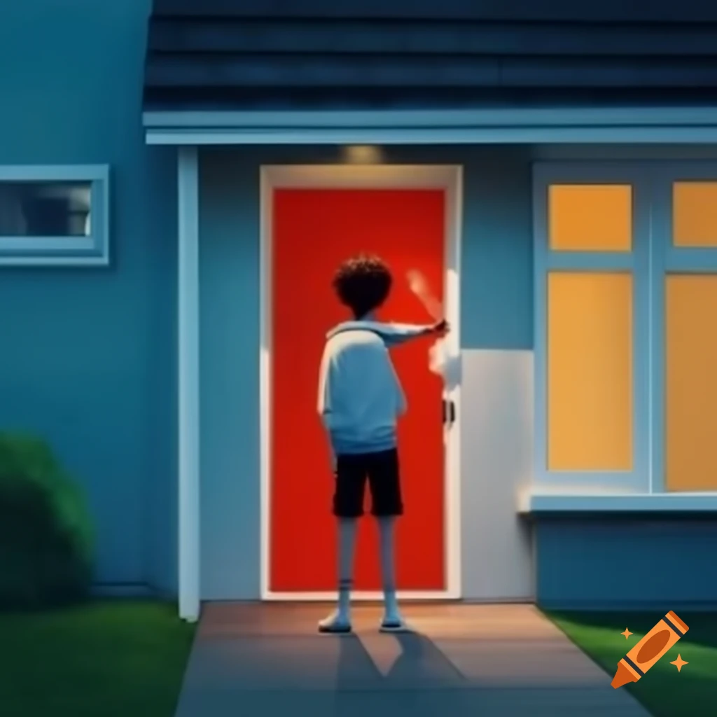 Young man hesitating to knock on modern apartment door, casual clothing with backpack