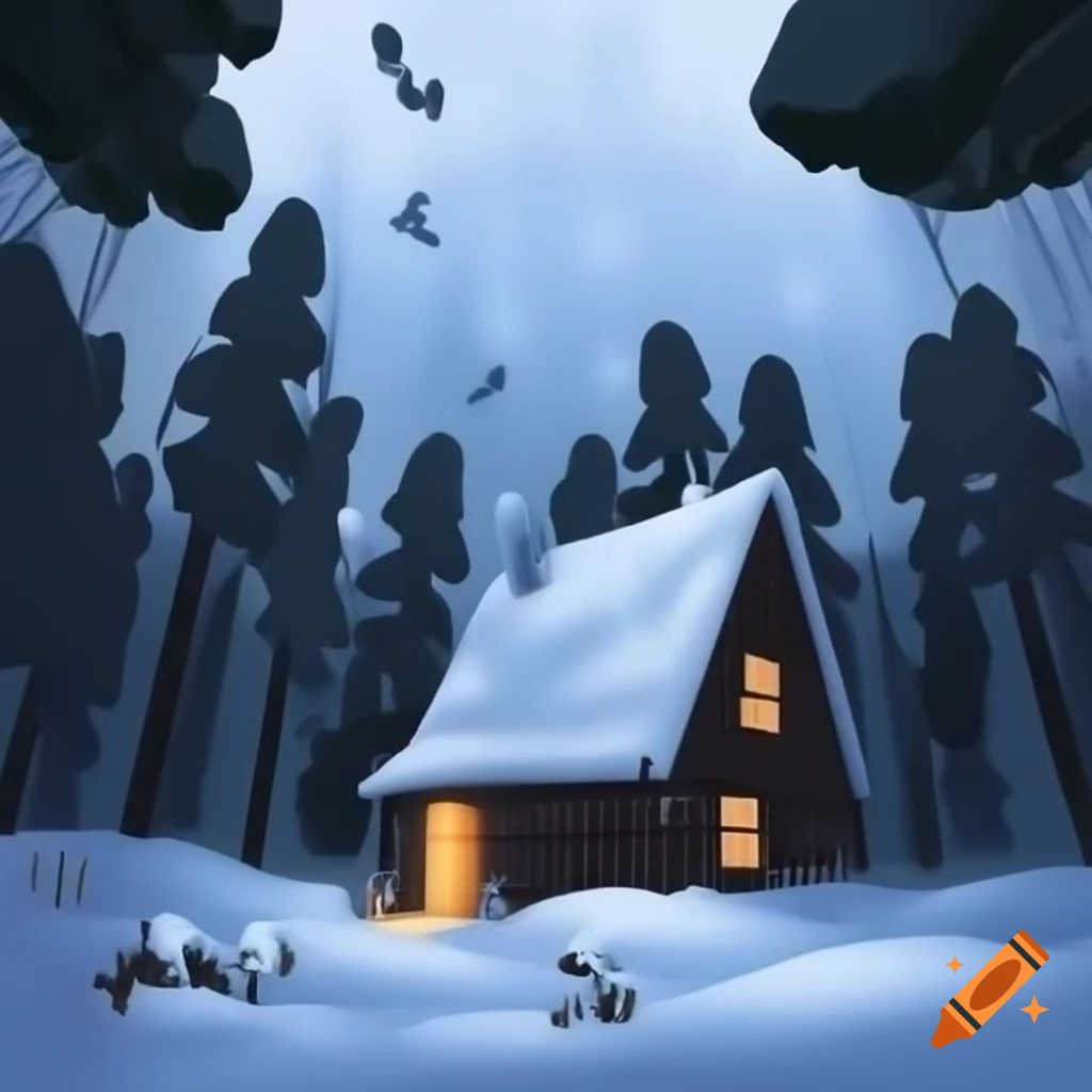 Cozy cabin in the woods with snowflakes and glowing fireplace