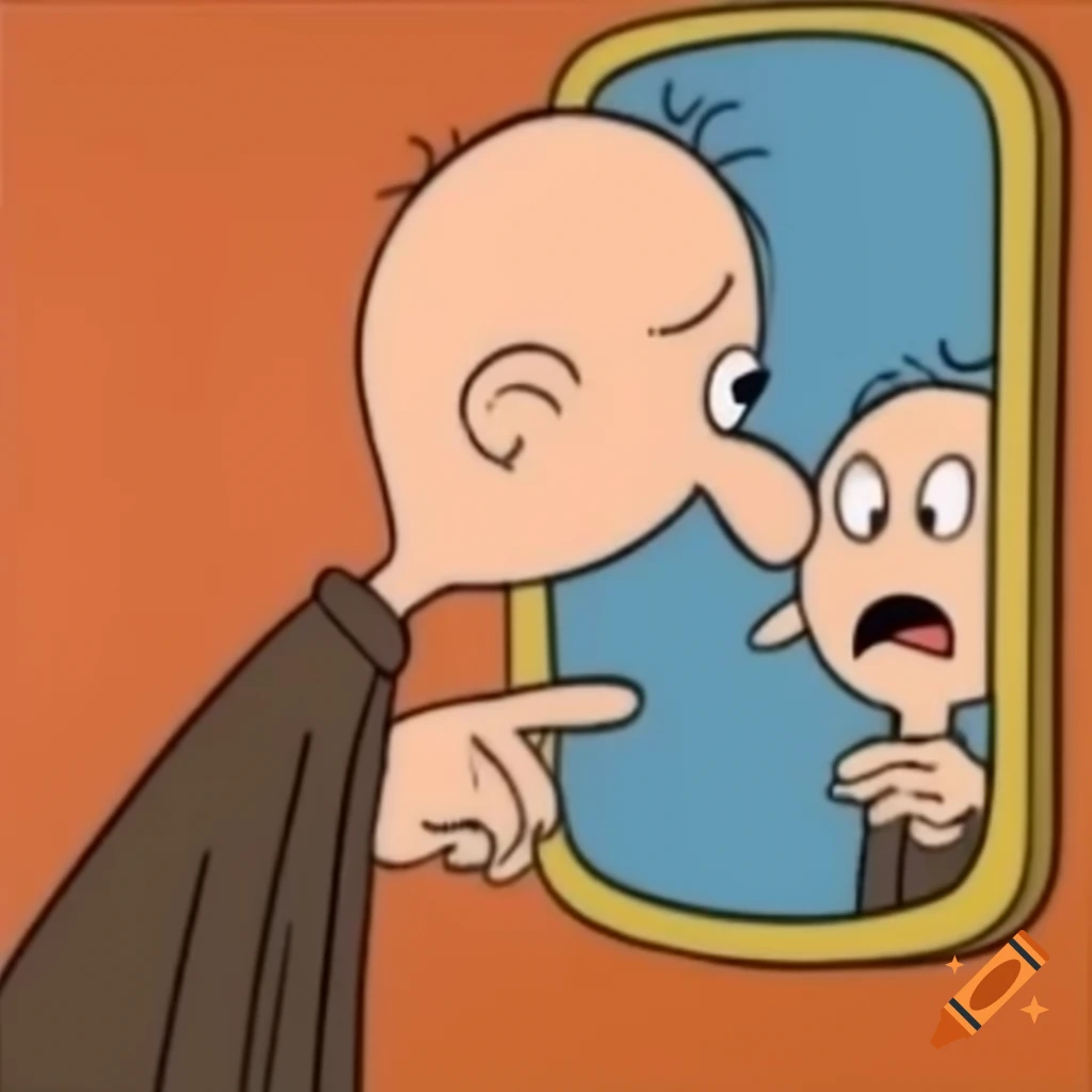 Cartoon character of confused old man looking in mirror
