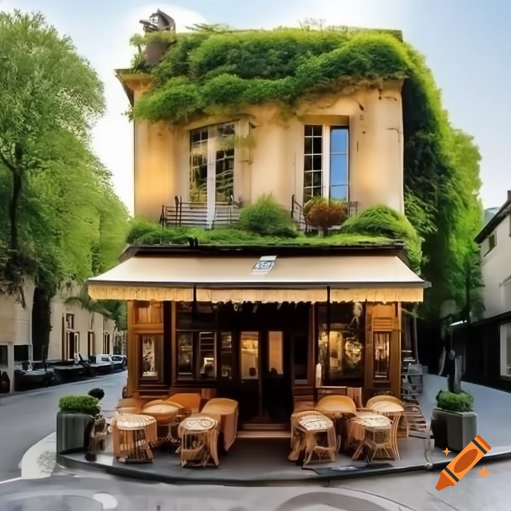 Charming cafe exterior with French architecture and potted plants