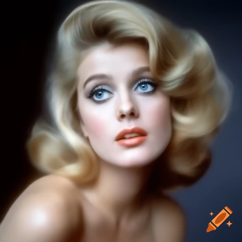 Hyper-realistic portrait of beautiful European actress from 1963 with porcelain skin and blue eyes