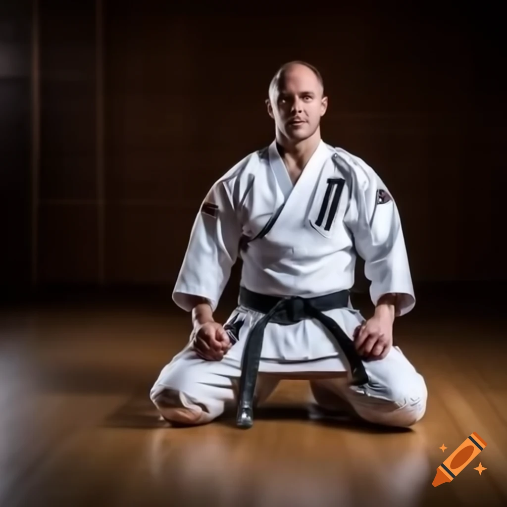 Shotokan karate practitioner in seiza position on wooden floor