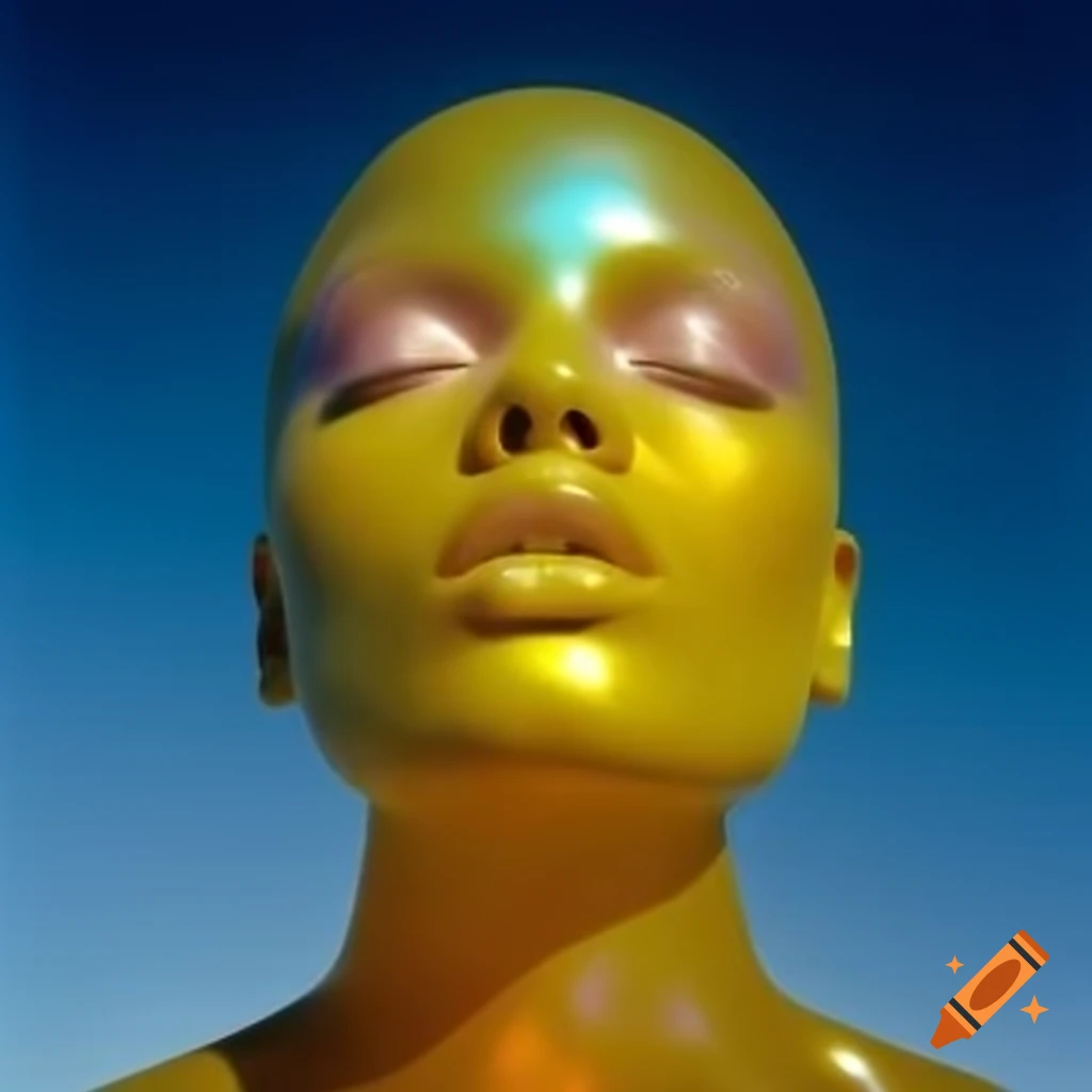 Pop surreal 2000's photography featuring iridescent yellow glass statue
