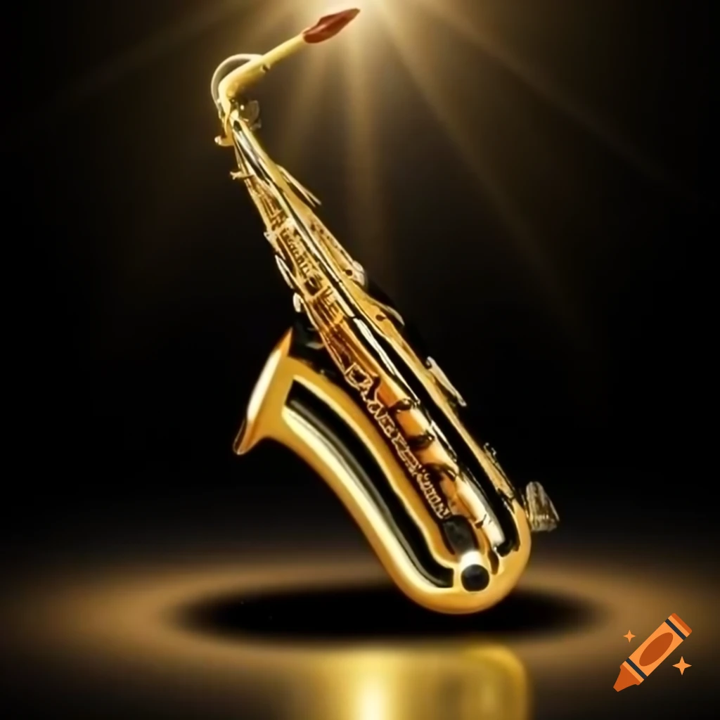 Black background featuring a golden alto saxophone illuminated like the sun