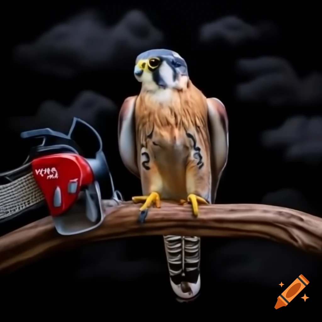 Mauritius Kestrel perched on branch with dark clouds and chainsaw