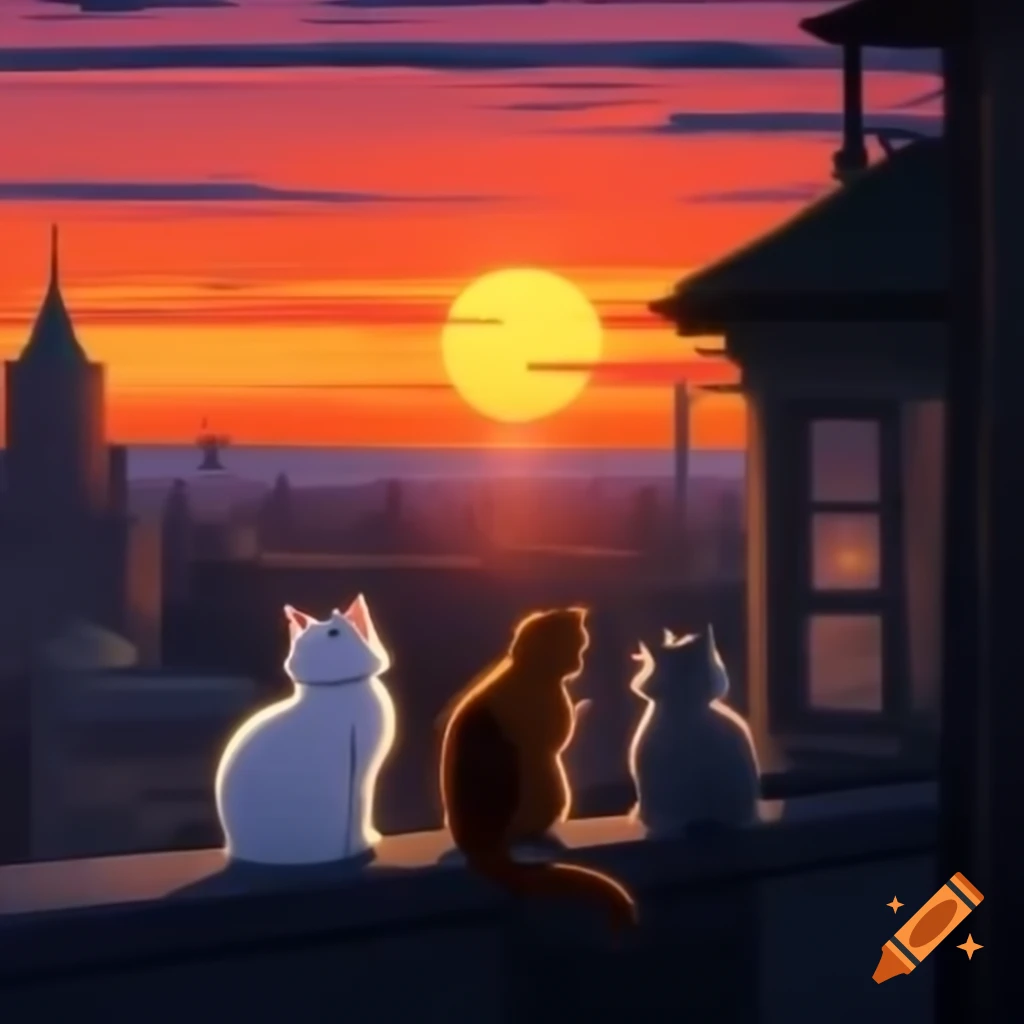 Sunset over city with two cats on building facade illuminated by golden hues