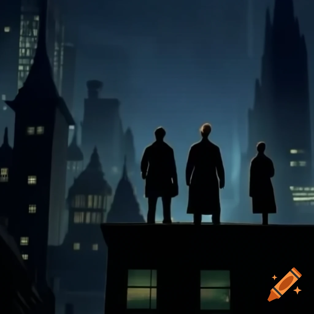 Silhouetted figures on Gotham City rooftop at night observing flickering lights