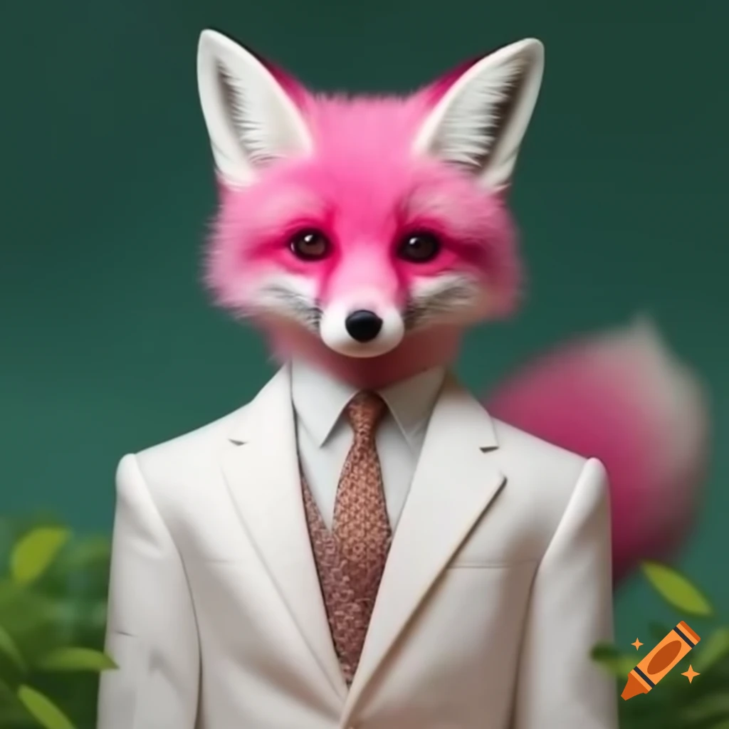 Anthropomorphic pink fox in white suit