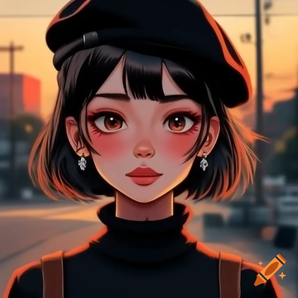 Stylish girl with brown skin and ponytail smiling at dusk, wearing ribbed sweater and beret