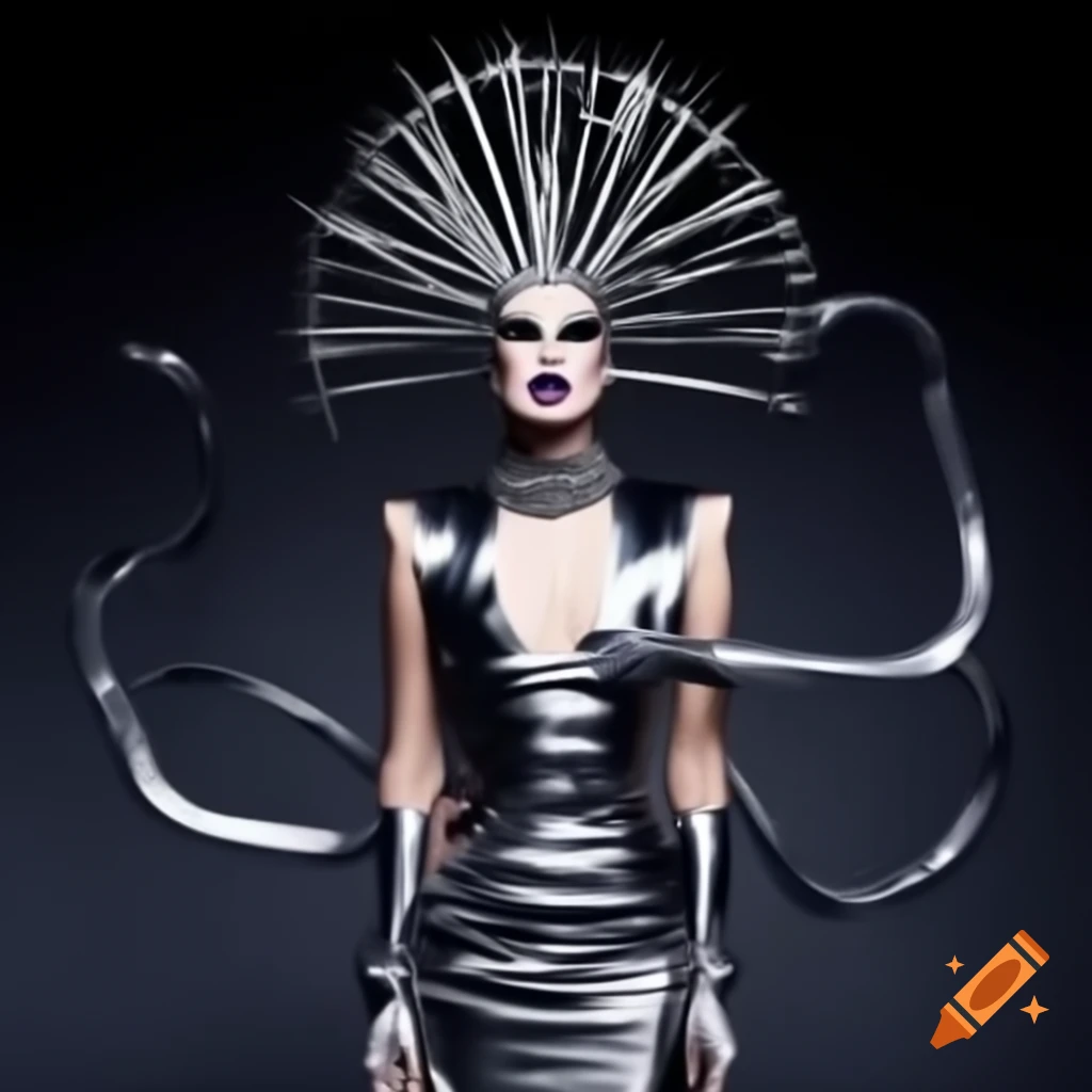 Avant-garde silver dress with sharp designs for Rita D. Vine's drag race promo