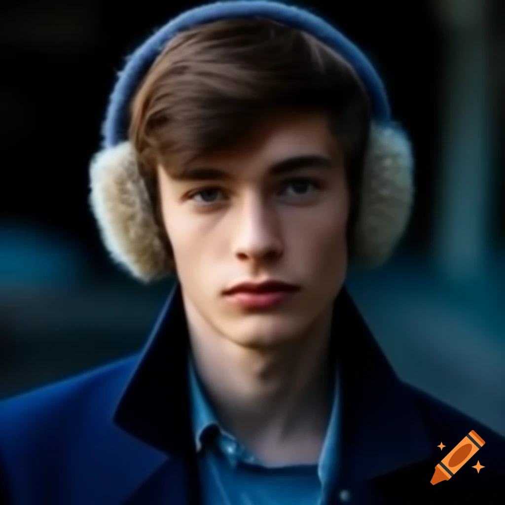 Close portrait of young suntanned European man in indigo blazer and earmuffs