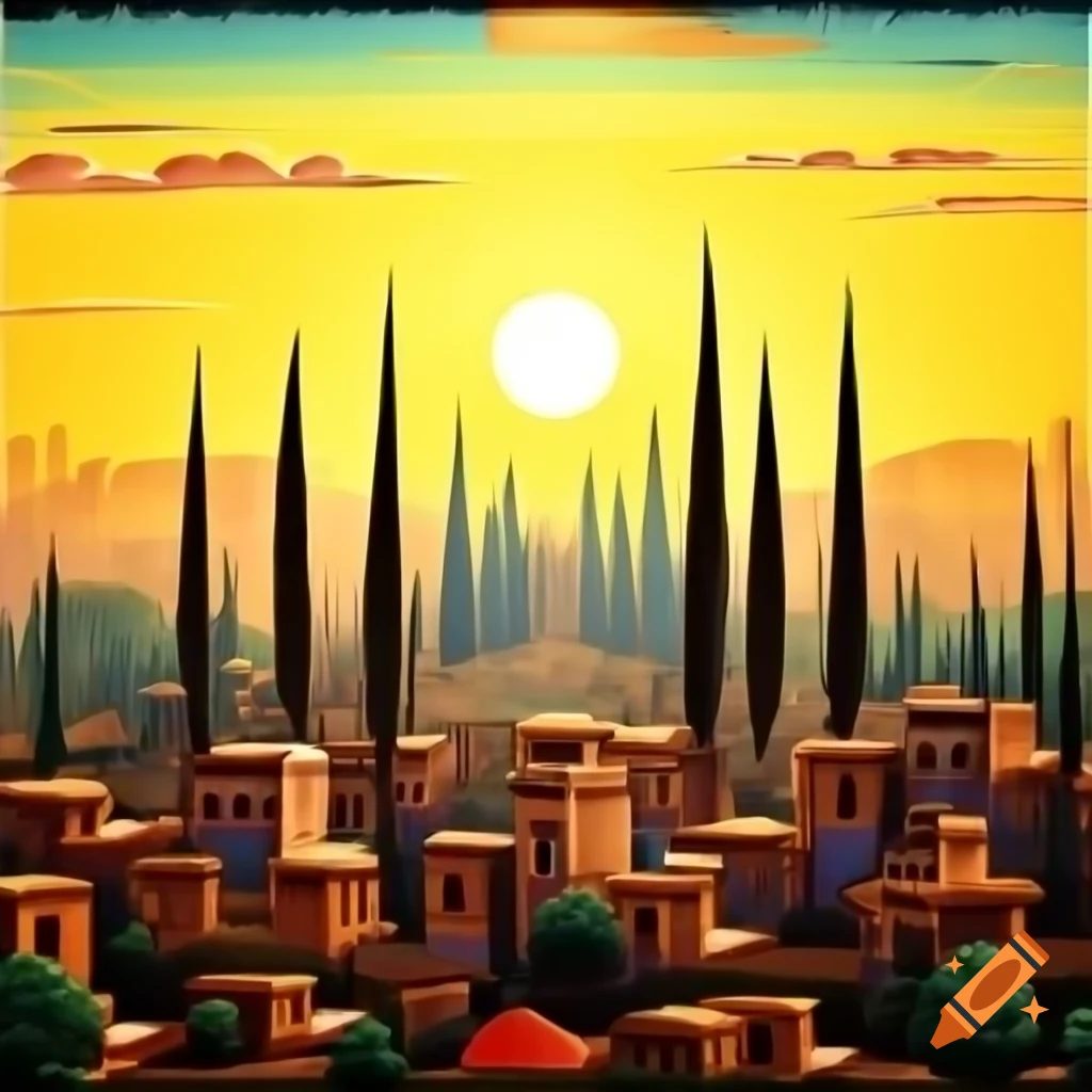 Shiraz city skyline with cypress trees and colorful sky, blocky oil painting