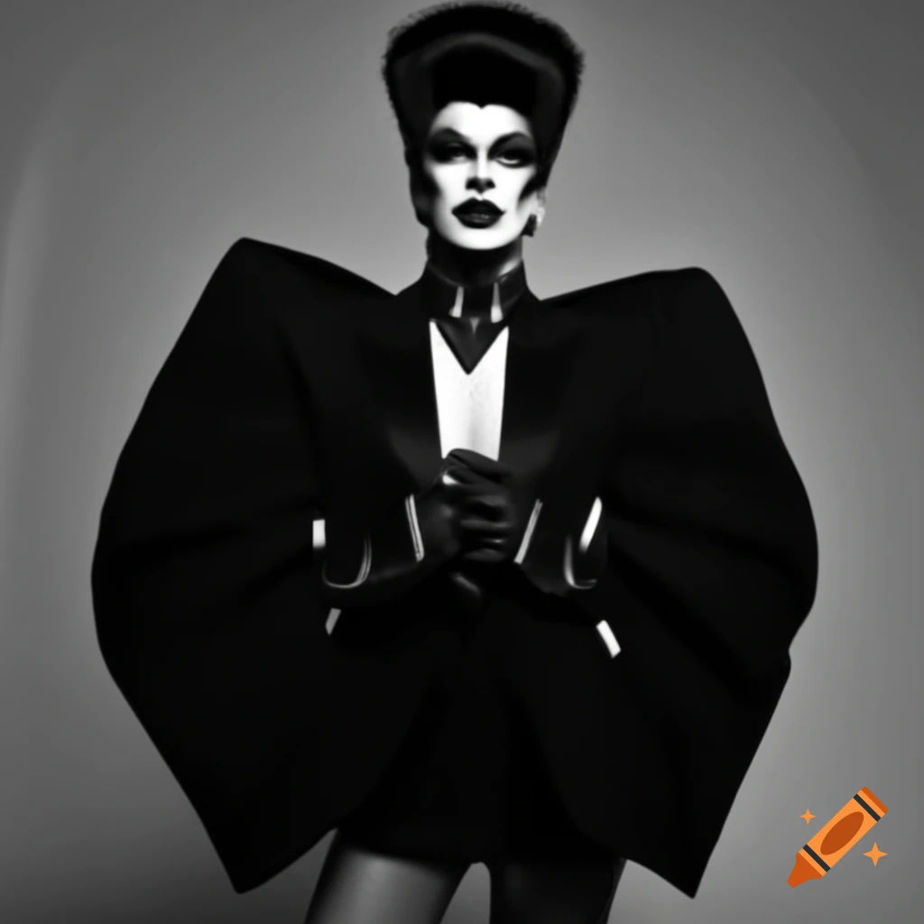 High-fashion monochrome look of drag queen Coco Couture in structured blazer