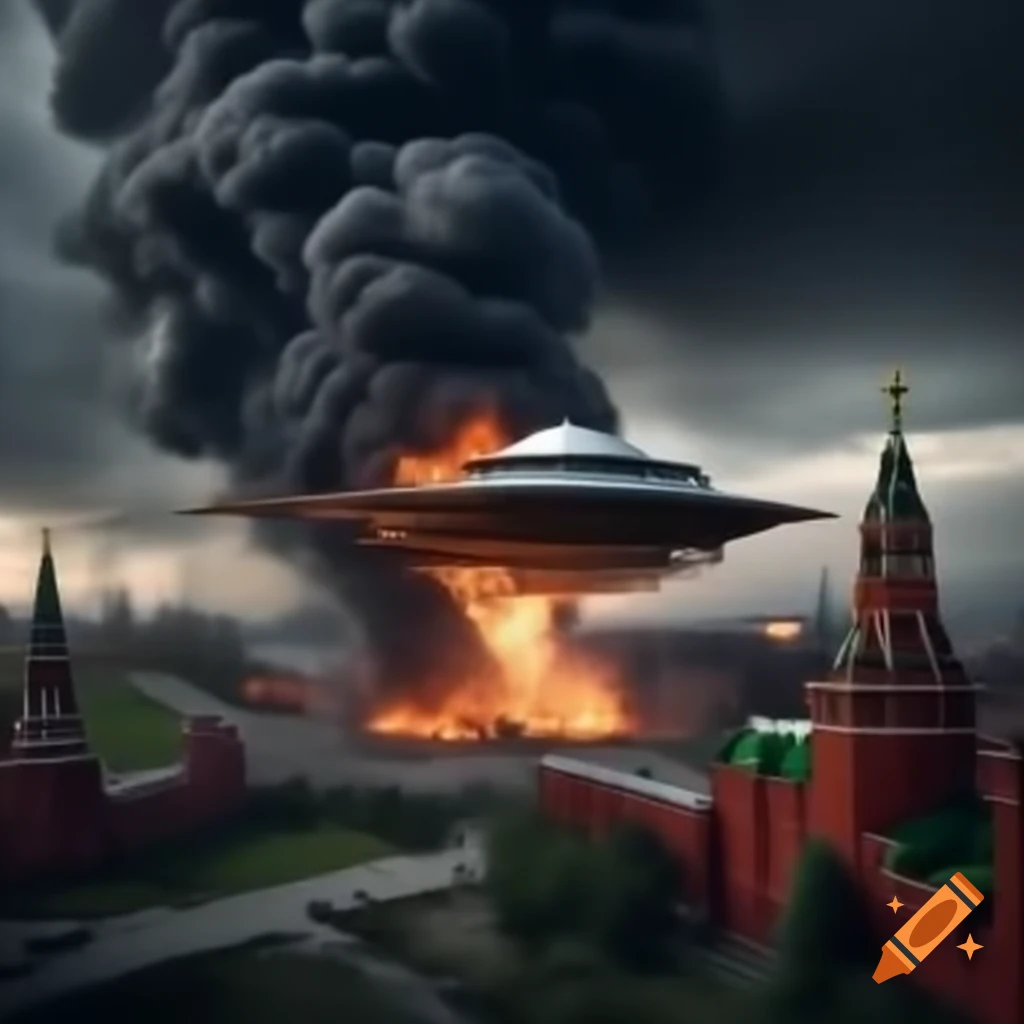 Hyper-realistic photo of flying saucer shooting fire at Moscow Kremlin