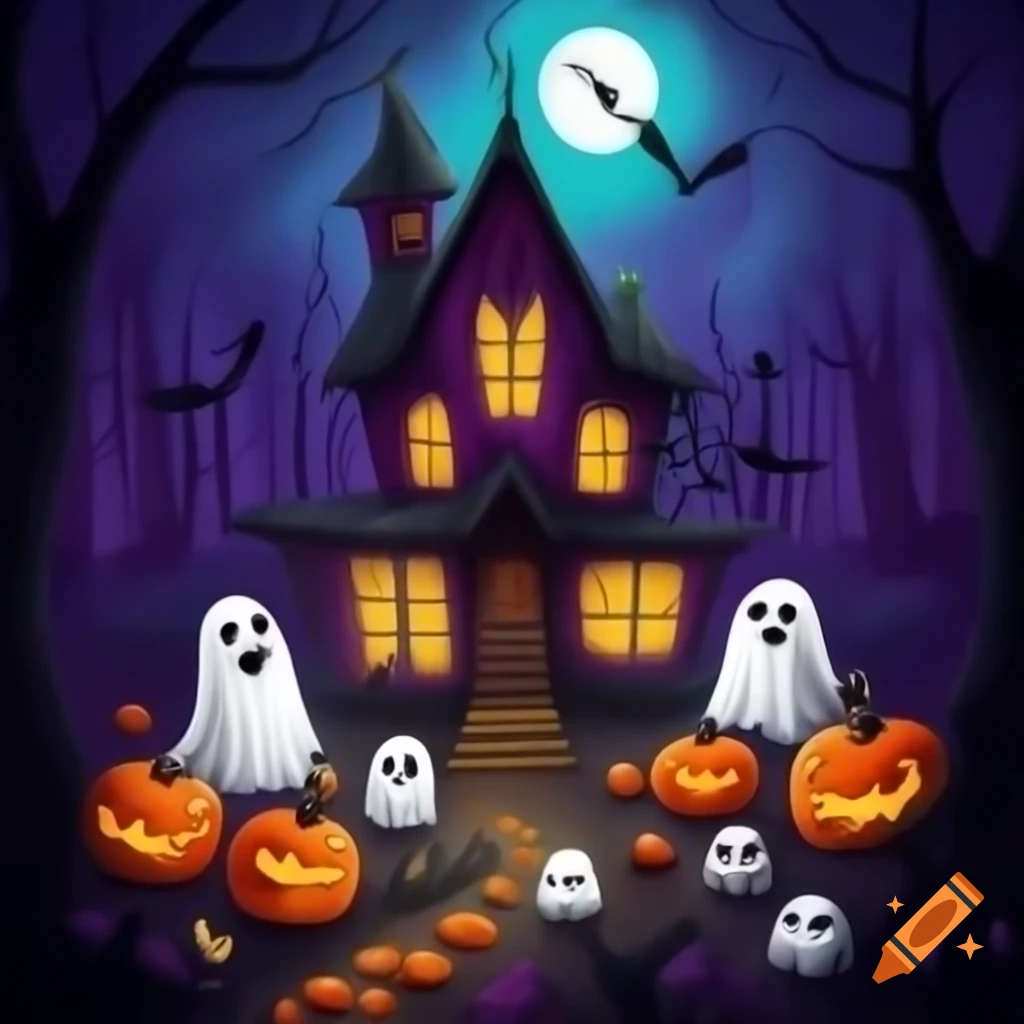 Cute Halloween scene with ghosts and pumpkins around a haunted house
