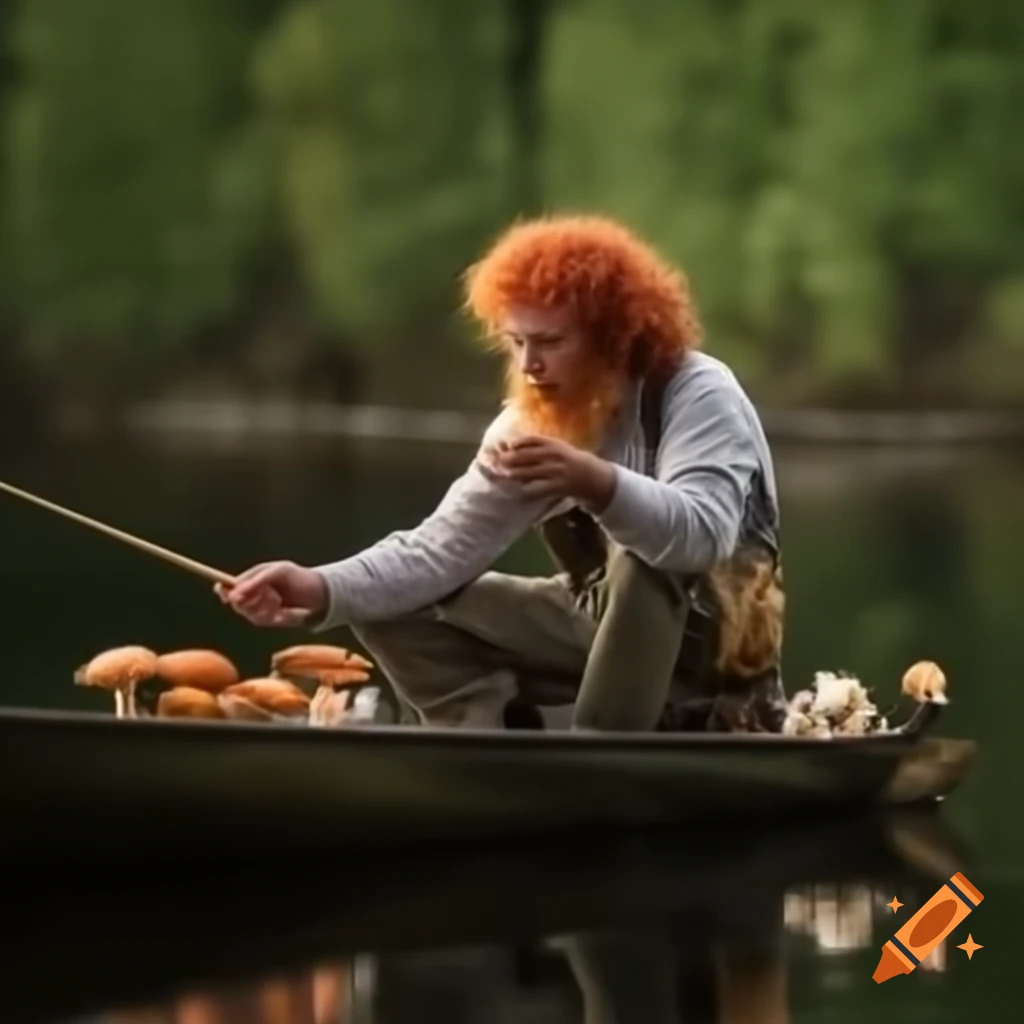 Old fisherman with curly red hair fishing by a lake surrounded by mushrooms