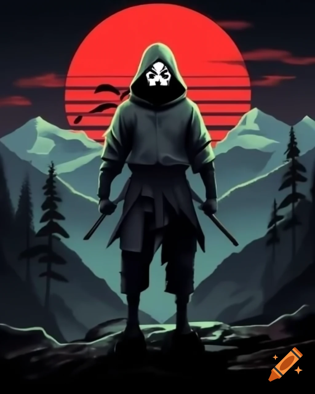 Ninja with ghost mask in mountain forest against red sun