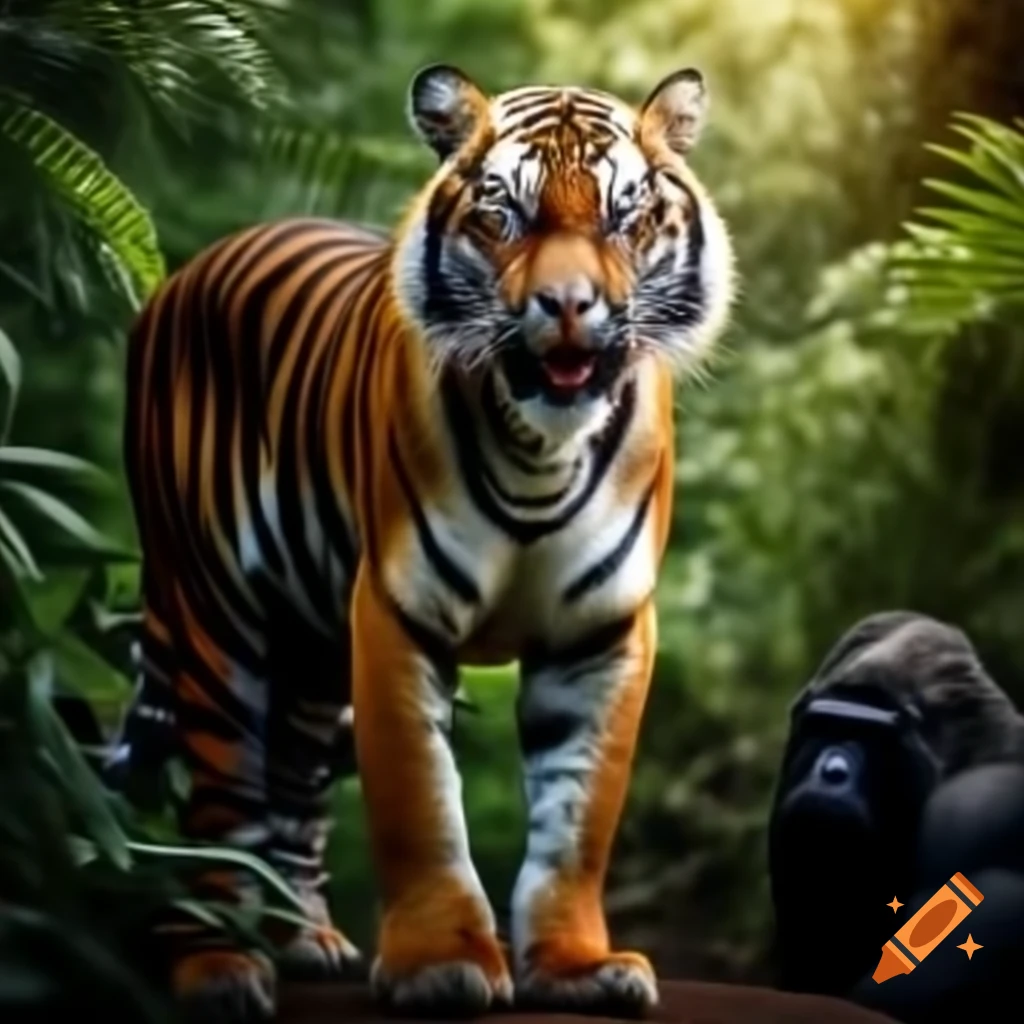 Powerful tiger in lush jungle with striking stripes and a gorilla below