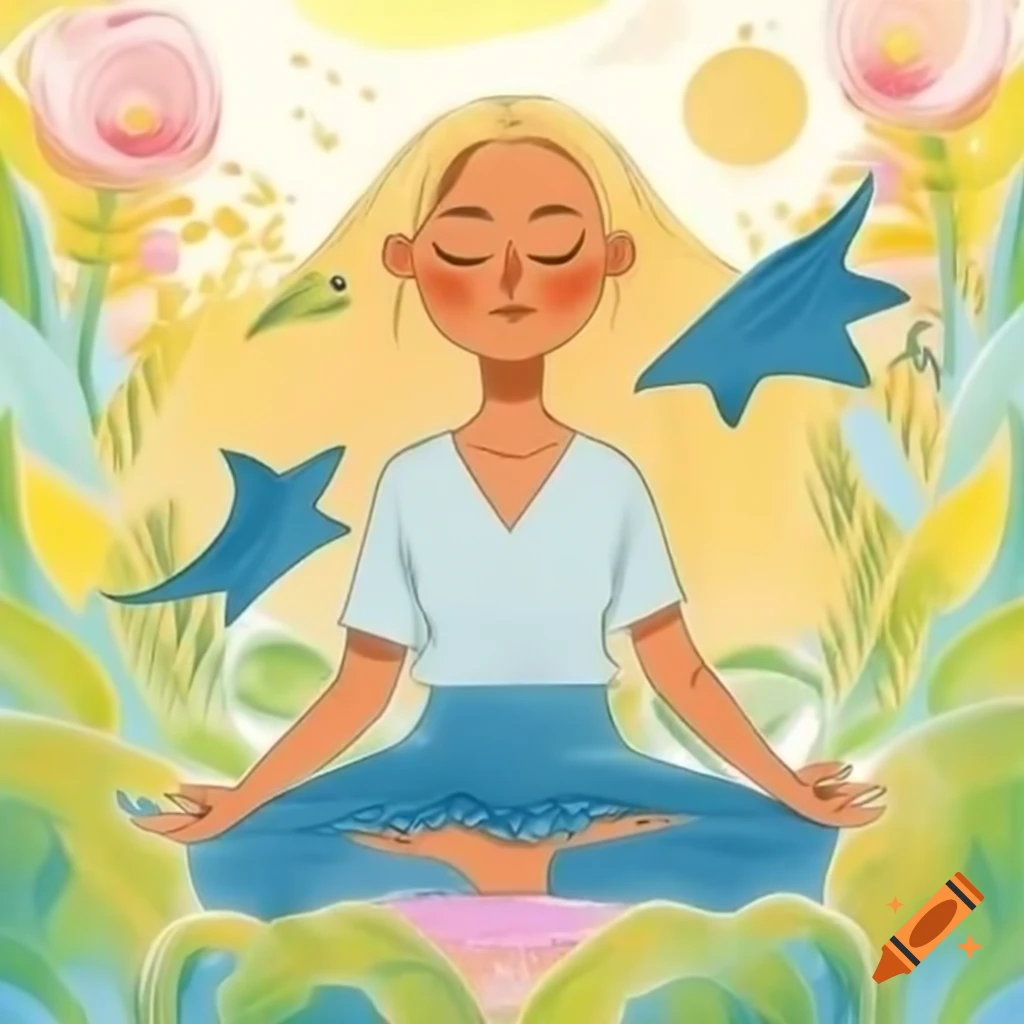 Young woman meditating outdoors on colorful blanket next to a dog in nature
