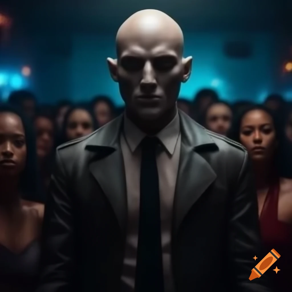 Mysterious bald figure in a crowd at nightclub
