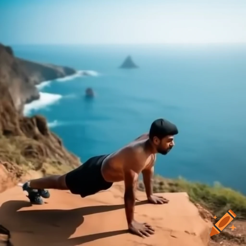 Indian man doing pushups on cliff with ocean view