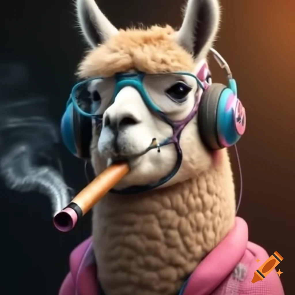 Realistic llama smoking a pipe, wearing pink headphones