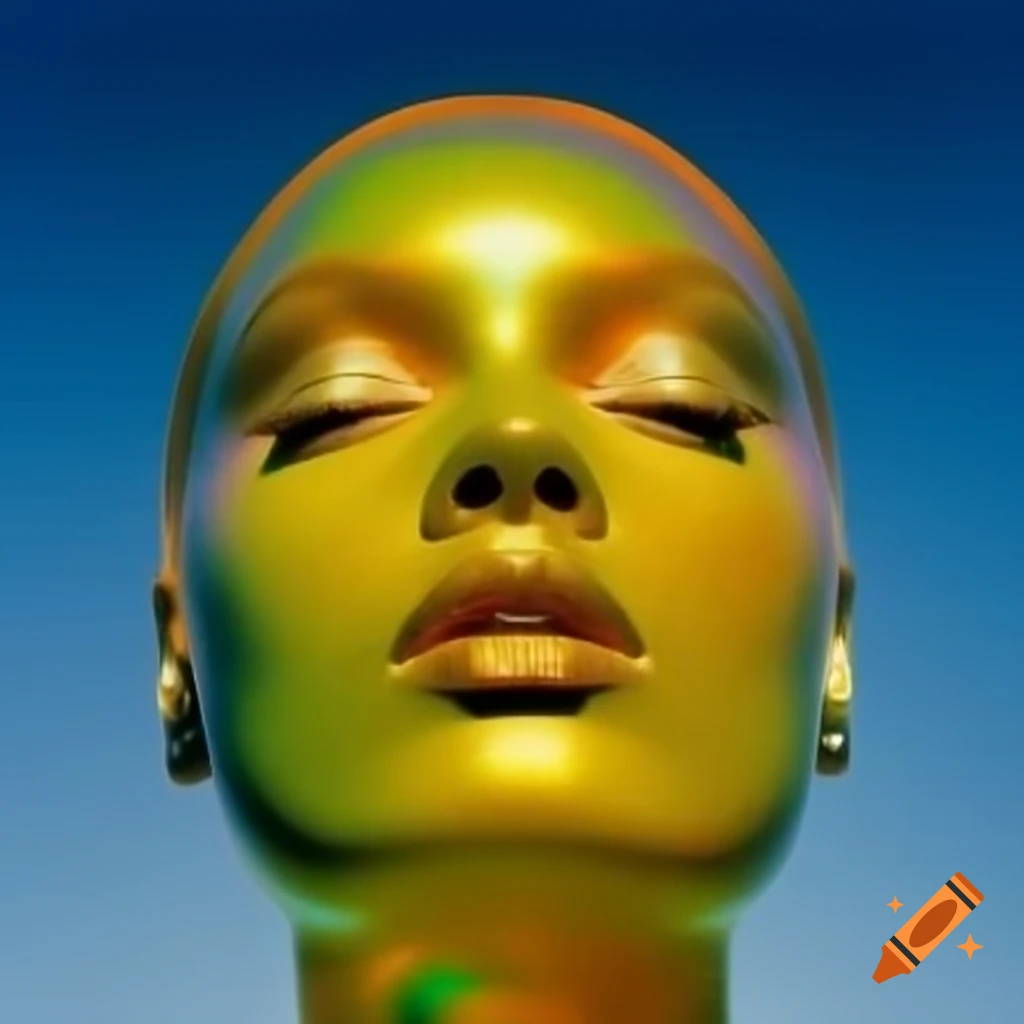 Pop surreal 2000's photography featuring iridescent yellow glass statue