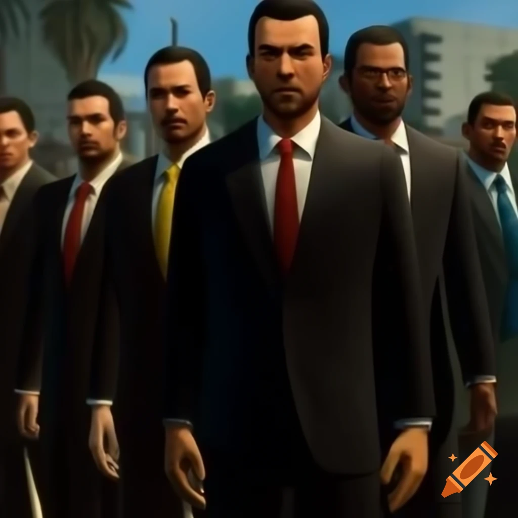 GTA characters in sharp suits representing 'Swift ST' taxi company
