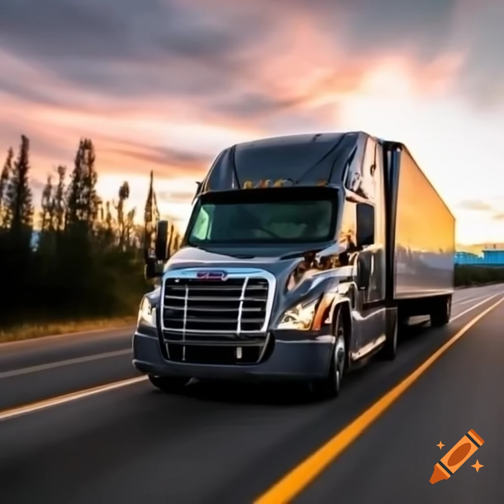 Freightliner Cascadia truck on open road during sunrise or sunset