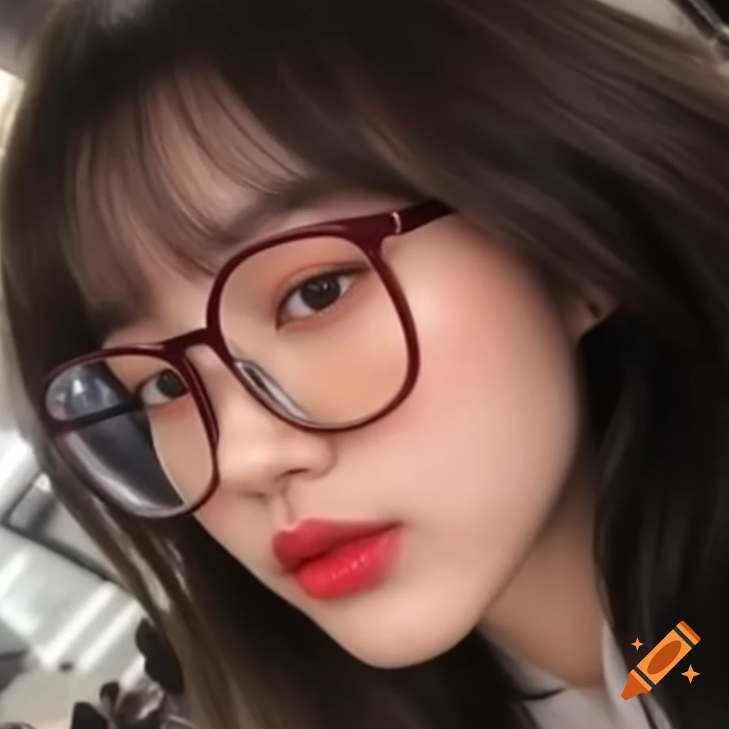 Chinese girl with bangs and glasses taking a selfie