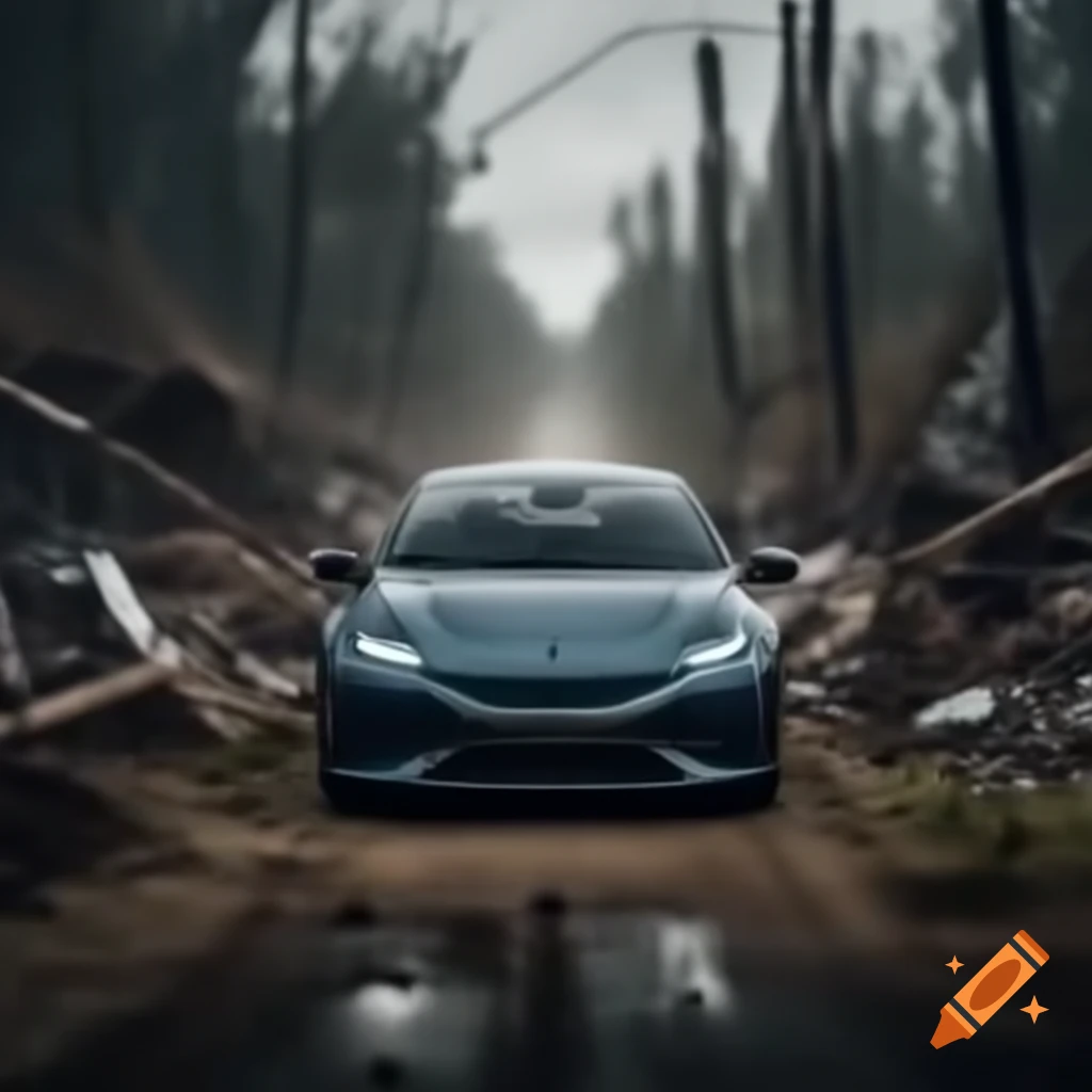 Electric car in nature leaving trail of destruction and pollution